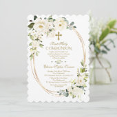 Invitation Élégantes Fleurs blanches Or Première Sainte Commu (Debout devant)