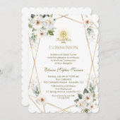 Invitation Élégantes Fleurs blanches Or Première Sainte Commu (Devant / Derrière)