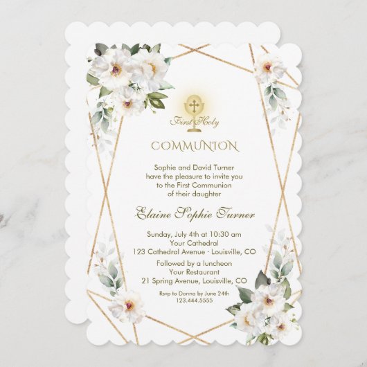 Invitation Élégantes Fleurs blanches Or Première Sainte Commu (Devant / Derrière)