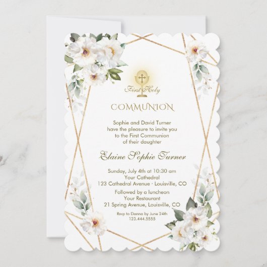 Invitation Élégantes Fleurs blanches Or Première Sainte Commu (Devant)