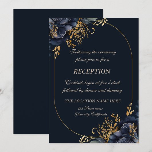 Invitation Élégantes Fleurs Bleu Marine Chic (Devant / Derrière)