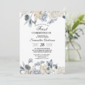 Invitation Élégantes Fleurs Bleues et Blanches d'Hiver (Debout devant)