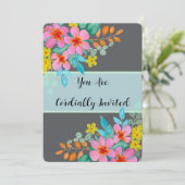 Invitation Élégantes fleurs d'aquarelle modernes sur gris fon (Debout devant)