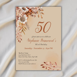 Invitation Élégantes Fleurs d'Automne Brun 50e Anniversaire