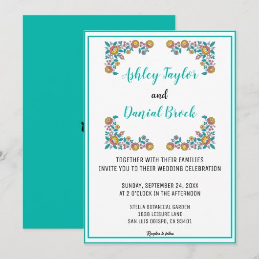 Invitation Élégantes fleurs de couronnes encadrées Mariage (Devant / Derrière)