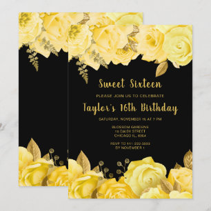 Invitation Élégantes Fleurs Jaunes et Dorées Sweet Sixteen
