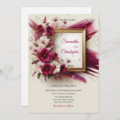 Invitation Élégantes fleurs magenta et mariage cadre or (Devant / Derrière)