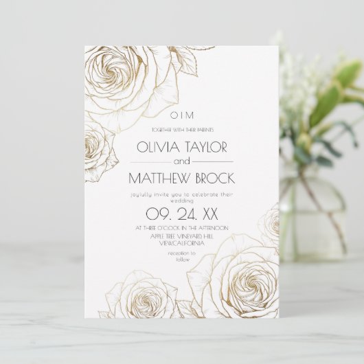 Invitation Élégantes Fleurs Rose Dorée Mariage (Debout devant)