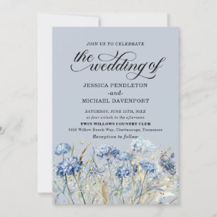 Invitation Élégantes Fleurs Sauvages Aquarelle Bleu Poussiére