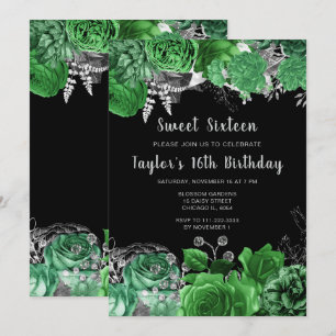 Invitation Élégantes fleurs vertes et argent pour un Sweet Si