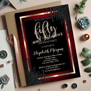 Invitation Élégantes gouttes noires Anniversaire 50 ans rouge