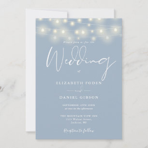 Invitation Élégantes guirlandes lumineuses mariage bleu pouss