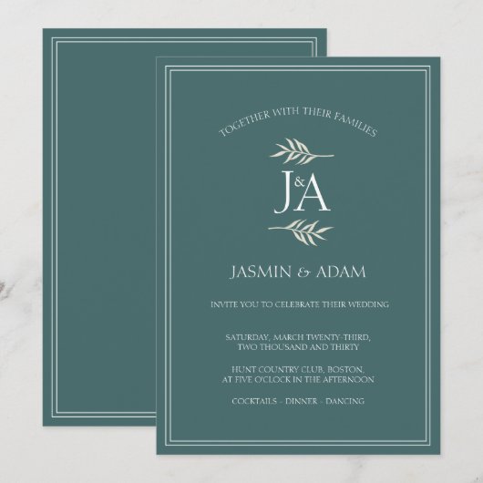 Invitation Élégantes Initiales Classiques de Mariage Vert Éme (Devant / Derrière)