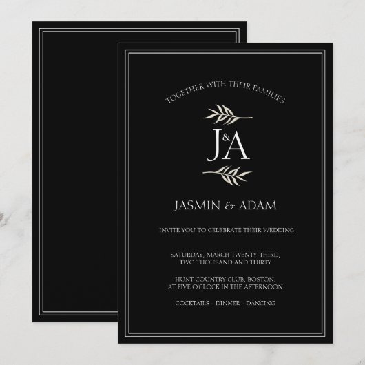 Invitation Élégantes Initiales Classiques Mariage Noir Blanc  (Devant / Derrière)