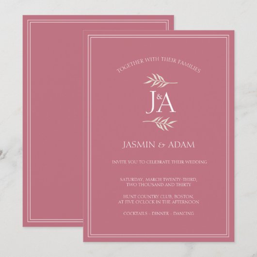 Invitation Élégantes Initiales Classiques Mariage Rose Magent (Devant / Derrière)