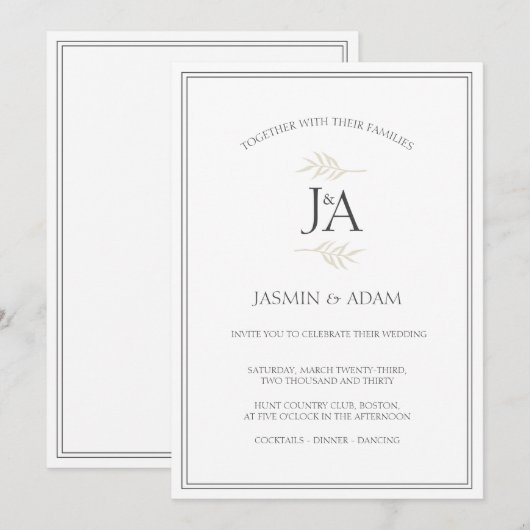 Invitation Élégantes Initiales Classiques Mariage Simple Blan (Devant / Derrière)