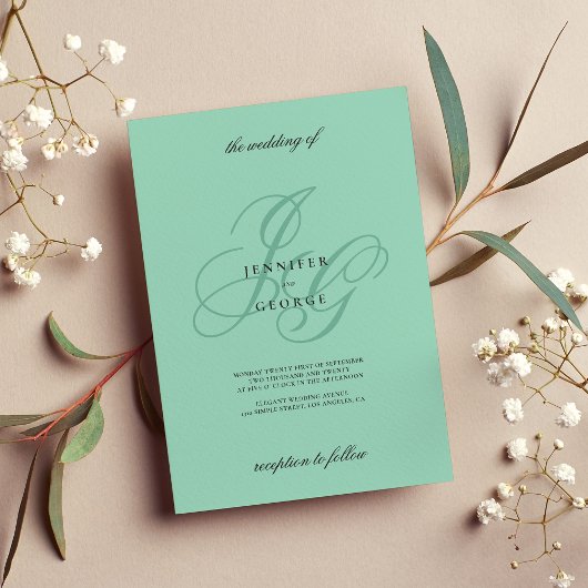 Invitation Élégantes initiales de monogramme à la menthe mari