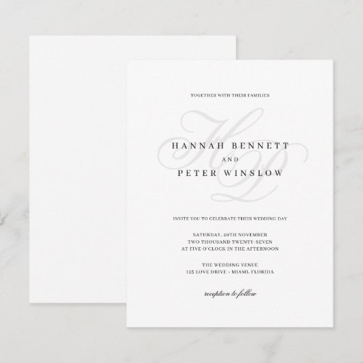 Invitation Élégantes Initiales de Monogramme de Mariage Blanc (Devant / Derrière)
