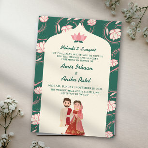 Invitation Élégantes Lanternes de Lotus Vert Mehndi Sangeet I
