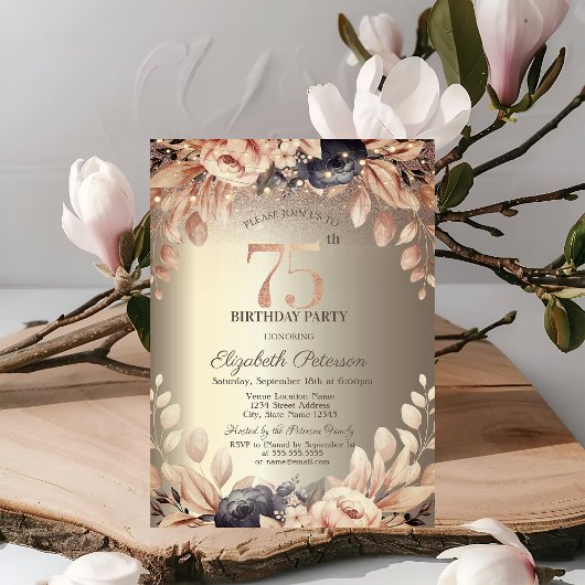 Invitation Élégantes lumières florales à cordes 75e anniversa