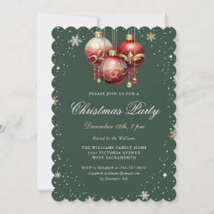 Invitation Élégantes Ornements Verts Rouges Fête de Noël