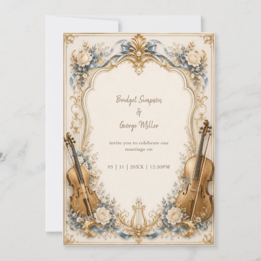 Invitation Élégantes perles bleues florales cordes mariage lu (Devant)