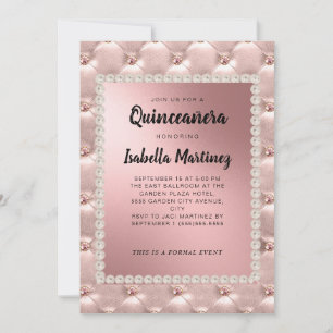 Invitation Élégantes perles de photo de Quinceañera en or ros