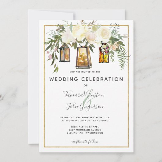 Invitation Élégantes pivoines blanches et lanternes d'or rust (Devant)