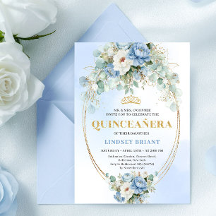 Invitation Élégantes Pivoines Bleues Boho pour 15e Anniversai
