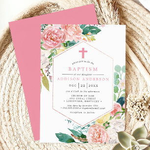 Invitation Élégantes Pivoines Roses Floral Croix Géométrique