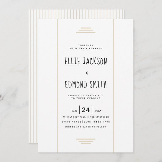 Invitation Élégantes rayures beige simple mariage (Devant / Derrière)