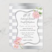 Invitation Élégantes rayures d'argent et Hydrangées roses (Devant / Derrière)