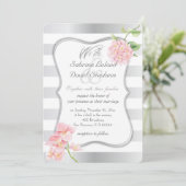 Invitation Élégantes rayures d'argent et Hydrangées roses (Debout devant)