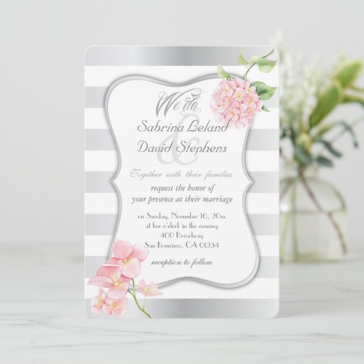 Invitation Élégantes rayures d'argent et Hydrangées roses (Debout devant)