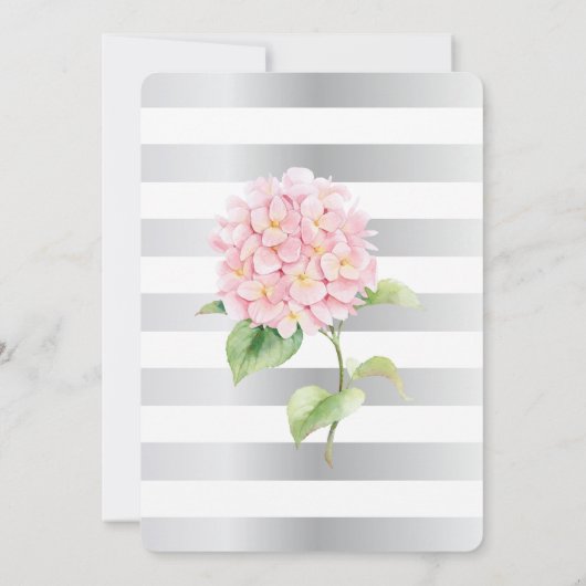Invitation Élégantes rayures d'argent et Hydrangées roses (Dos)