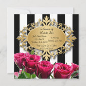 Invitation Élégantes rayures noires et blanches et roses rose (Devant)
