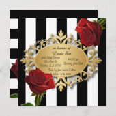 Invitation Élégantes rayures noires et blanches et roses roug (Devant / Derrière)