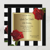 Invitation Élégantes rayures noires et blanches et roses roug (Devant / Derrière)