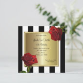 Invitation Élégantes rayures noires et blanches et roses roug (Debout devant)