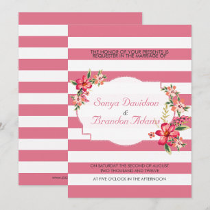 Invitation Élégantes rayures roses et blanches avec bouquet d