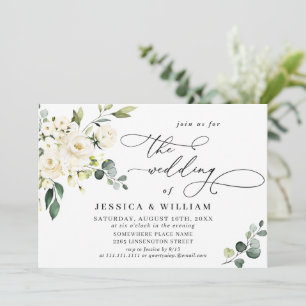 Invitation Élégantes Roses Blanches d'Eucalyptus et Verdure d