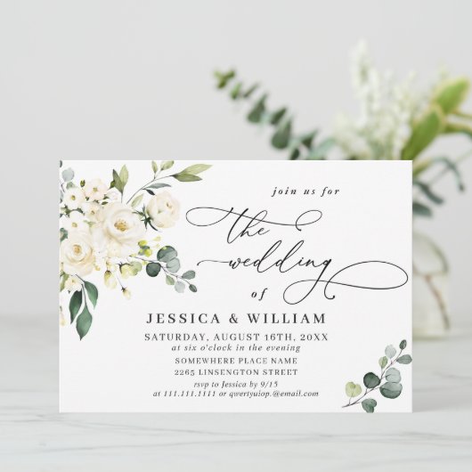 Invitation Élégantes Roses Blanches d'Eucalyptus et Verdure d (Debout devant)