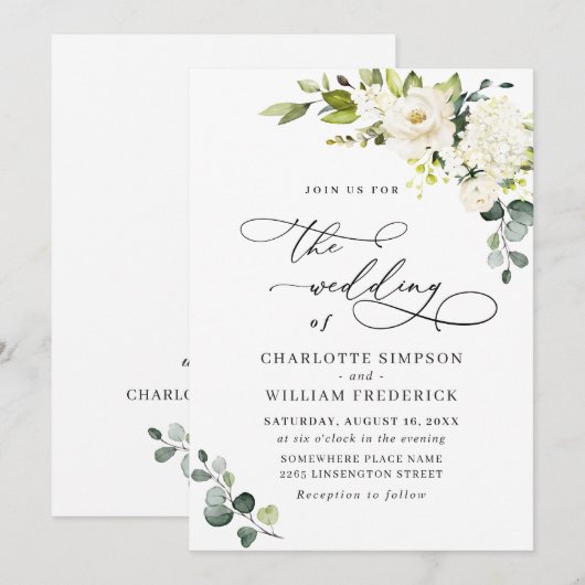 Invitation Élégantes Roses Blanches d'Eucalyptus et Verdure d (Devant / Derrière)