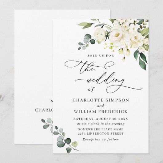 Invitation Élégantes Roses Blanches d'Eucalyptus et Verdure d (Devant / Derrière)