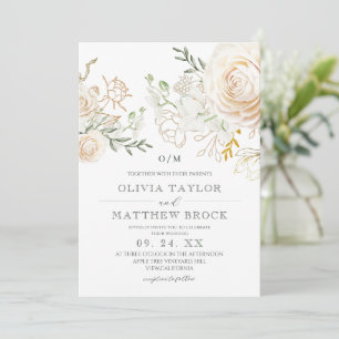 Invitation Élégantes Roses Blanches Mariage Or Sage Vert Flor