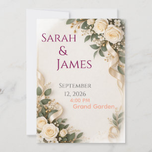 Invitation Élégantes Roses Blanches Ruban Doré Mariage