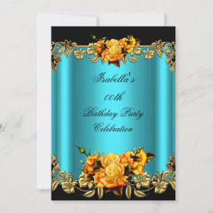 Invitation Élégantes Roses Bleu sarcelle Doré Jaune Anniversa