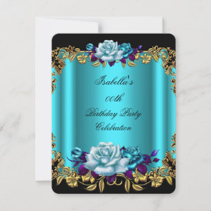 Invitation Elegantes Roses Bleu Turquoise Doré Violet Anniver