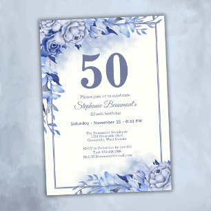 Invitation Élégantes Roses Bleues Florales pour les 50 ans d'