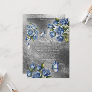 Invitation Élégantes Roses Bleues Papillon Mariage Argent